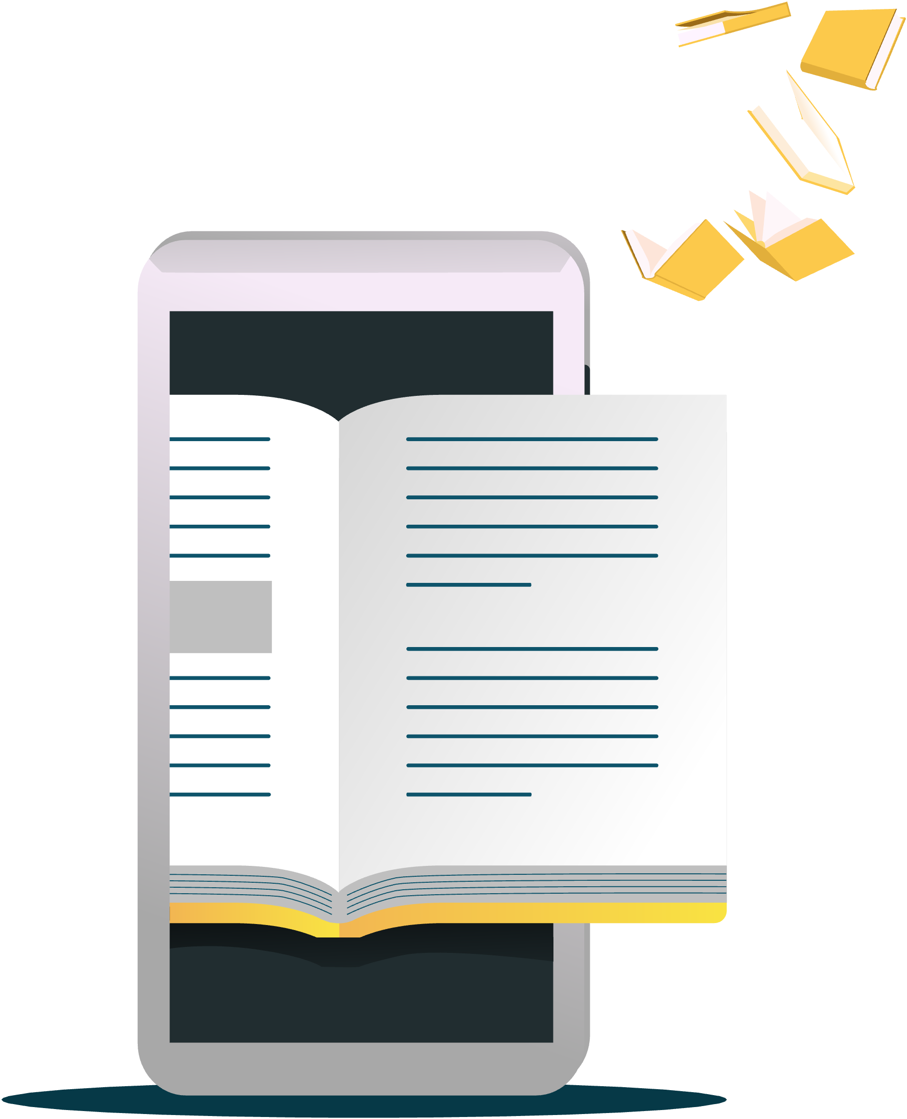 Education icons floating around a tablet.